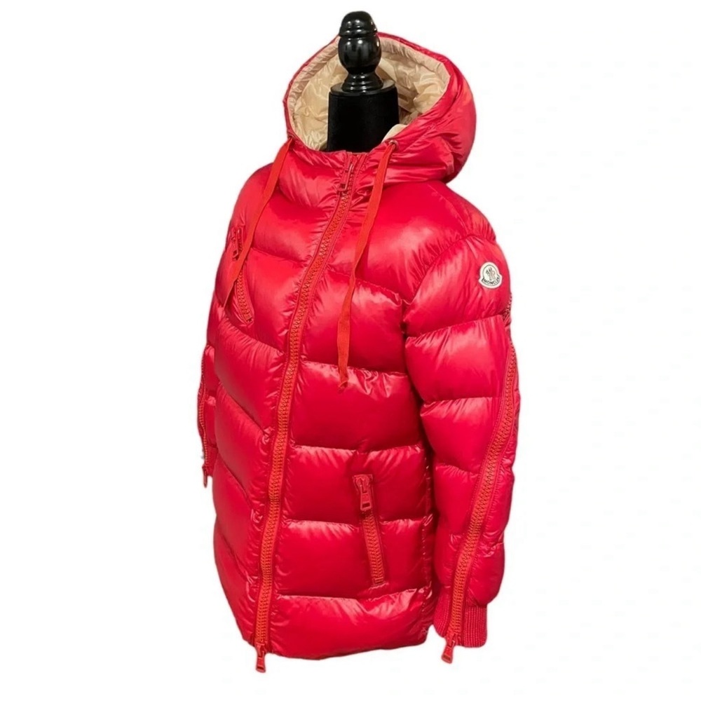 MONCLER Red Hooded Puffer Coat 90% Goose Down Size 1 Small Women's